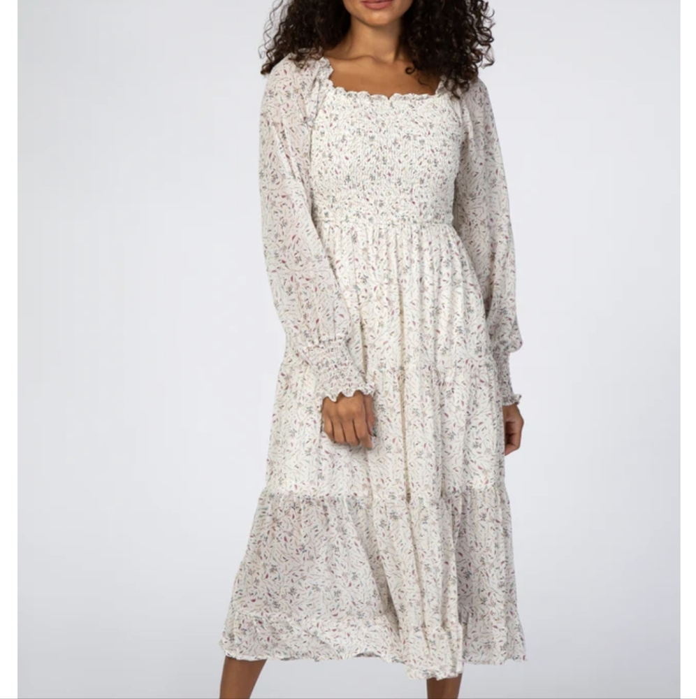 Pink Blush Ivory Floral Smocked Midi Dress